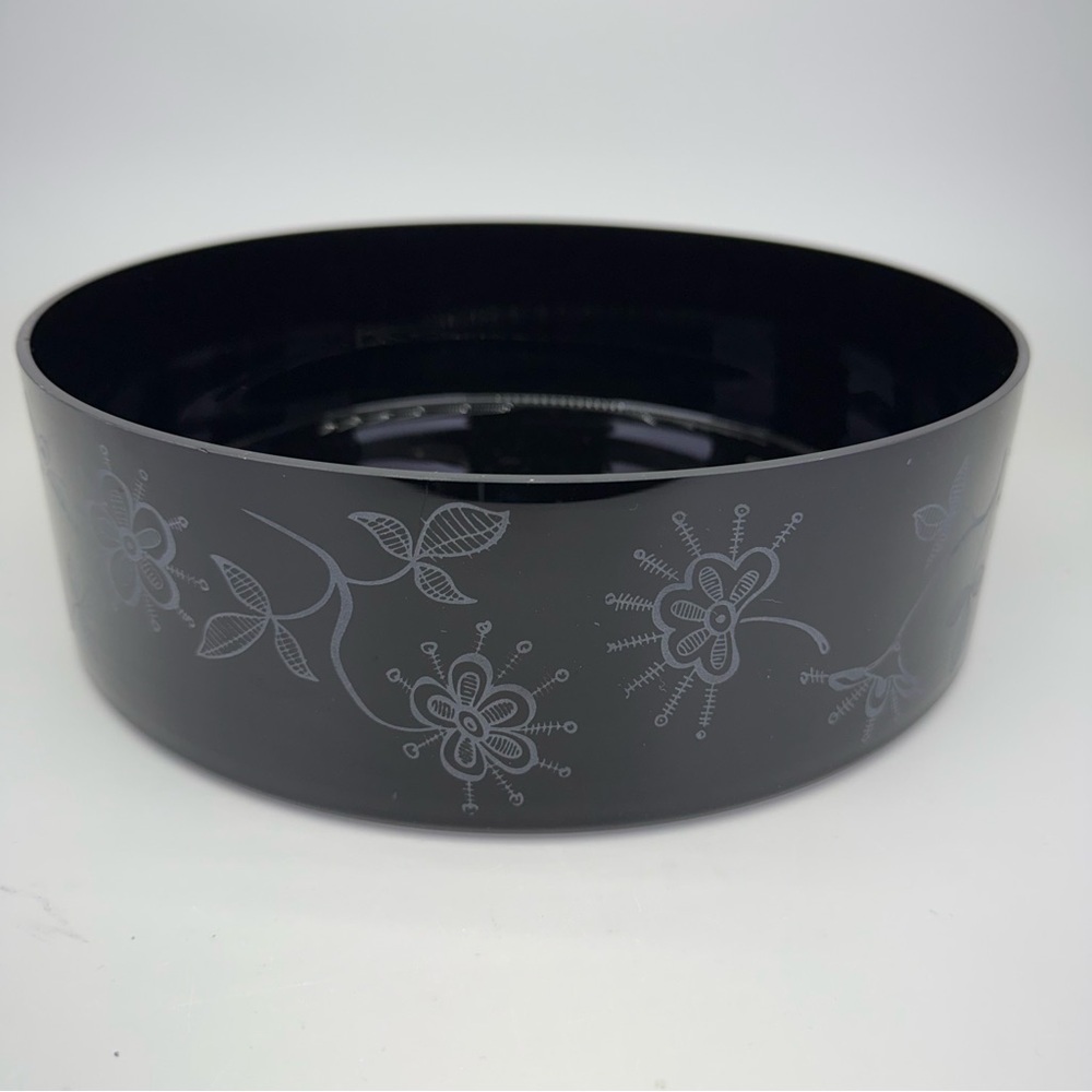 Vintage C A Q’s Bruk Etched Black Glass Bowl